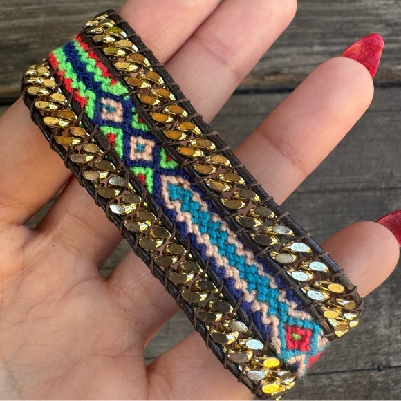 NWOT✨ Boho Western Colorful Macrame Gold Chain & Leather Friendship Bracelet - Picture 14 of 16